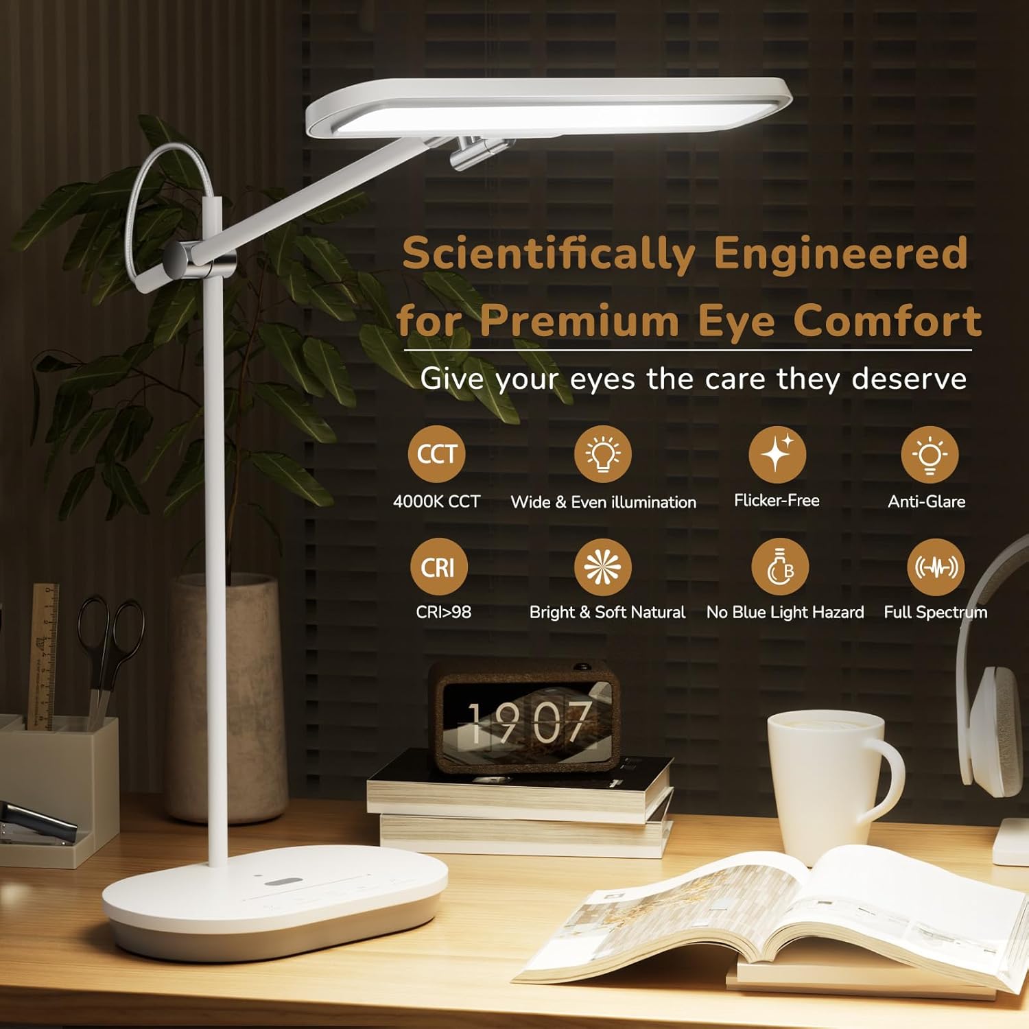 led desk lamp with cri 98, advanced eye caring bright desk light for crafting, home office & kids studying, multi angle adjustable, dimmable full spectrum with touch & gesture control