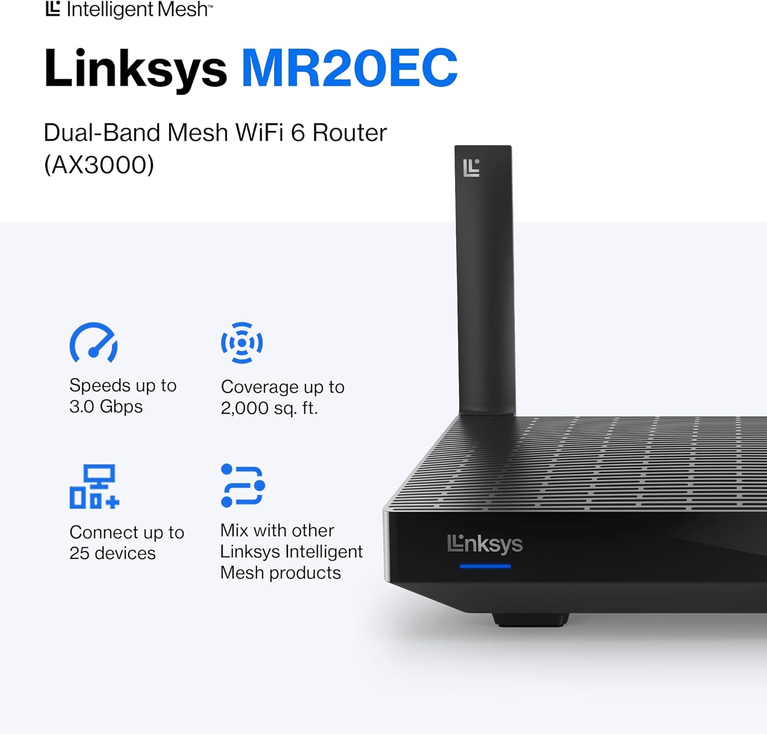linksys mr20ec | dual band mesh wifi 6 router | 3.0 (ax3000) speeds | connect 25+ devices | 2,000 sq ft coverage | 18 month warranty