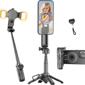 Magnetic Mini Phone Selfie Stick, Mag-Safe 4 in 1 Small Portable Pocket Tripod for iPhone/Android, with Removable Phone Clip, Remote & 2 Fill Light for Photograph/Live Streaming/Video Recording
