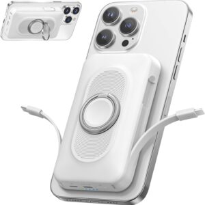 Magnetic Power Bank 20000mAh, Wireless Powerbank Fast Charging, 4-in-1 Portable Charger with USB-C/iOS Cable, Battery Pack with Stand for iPhone 16-12 All Series