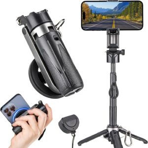 MQOUNY for Magsafe Tripod Stand for iPhone,Portable Pocket Size Selfie Stick with Rechargeable Remote and Metal Ring,Extendable Detachable Cell Phone Tripod Compatible with iPhone/Android