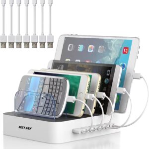 MSTJRY Charging Station for Multiple Devices : 5 Port Multi USB-A Charger Stations Multi-Device Organizer Charging Dock Designed for iPhone iPad Cell Phone Tablets (7 Short Cables Included)