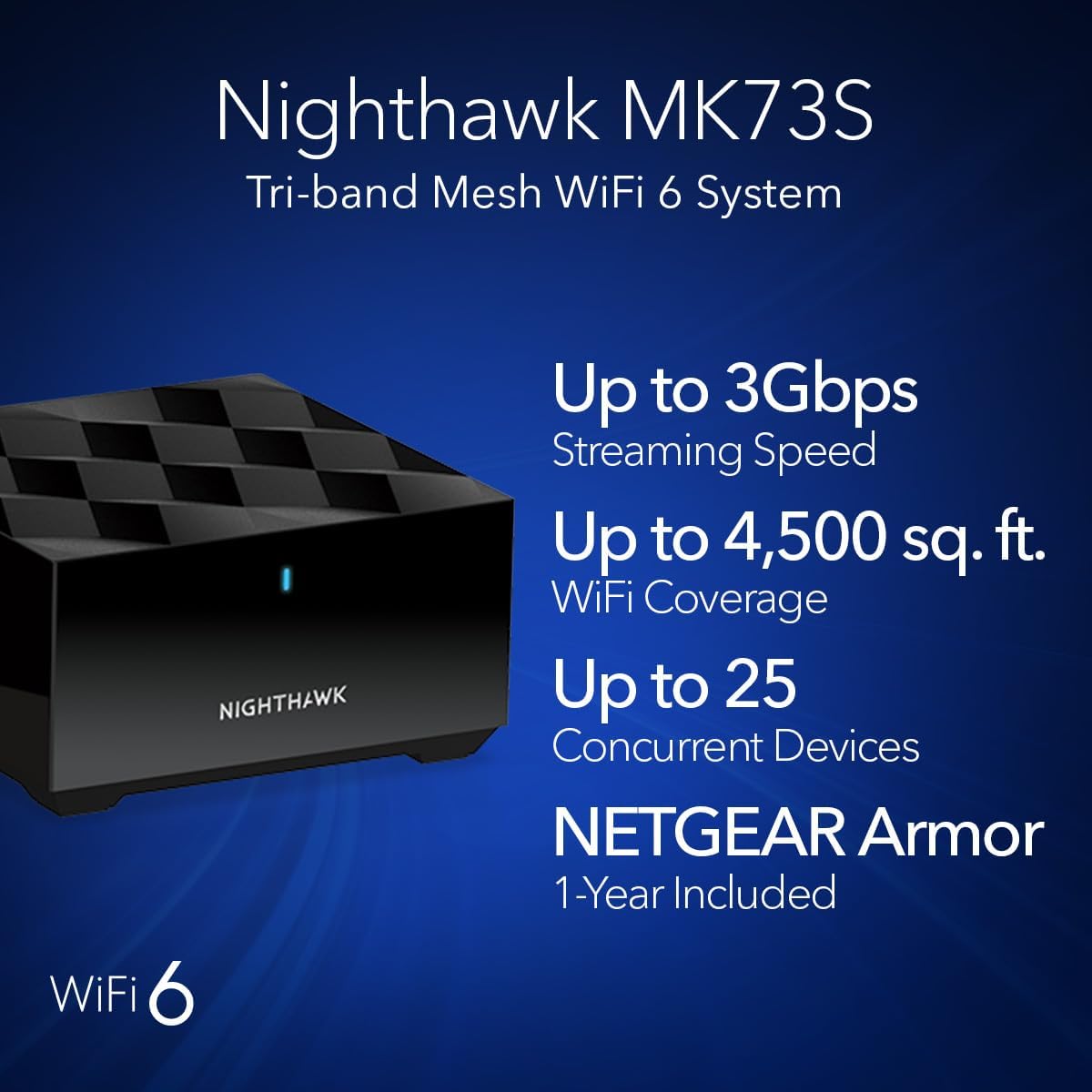 netgear nighthawk tri band whole home mesh wifi 6 system (mk73s) – router + 2 satellite extenders 3gbps speed coverage up to 4,500 sq. ft., 25 devices includes 1 year armor – ax3000 802.11ax
