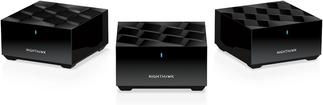 NETGEAR Nighthawk Tri-Band Whole Home Mesh WiFi 6 System (MK73S) – Router + 2 Satellite Extenders - 3Gbps Speed - Coverage up to 4,500 sq. ft., 25 Devices - Includes 1-Year Armor – AX3000 802.11ax