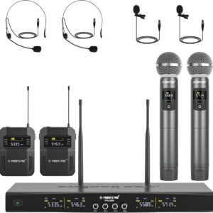 Phenyx Pro Wireless Microphone System, 4-Channel Wireless Mic Set with Handheld/Bodypack/Headset/Lapel Mics, Cordless Microphone for Singing, Karaoke, Church (PTU-5200-2H2B)