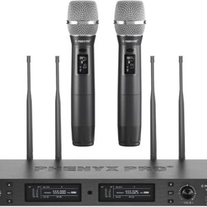 Phenyx Pro Wireless Microphone System, True Diversity Dual Cordless Mic Set, Professional UHF Handheld Wireless Microphones w/Auto Scan, 2x1000 Channels, 328ft for Stage & Studio (PTU-2U-2H)