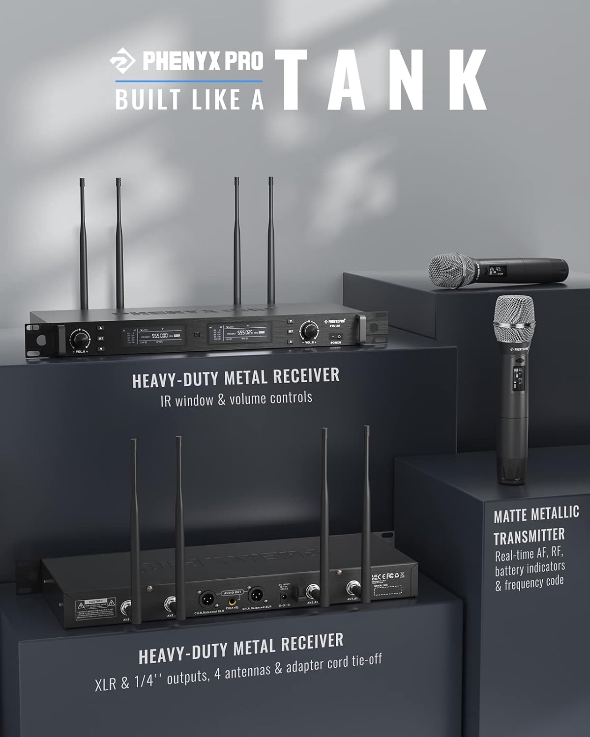 phenyx pro wireless microphone system, true diversity dual cordless mic set, professional uhf handheld wireless microphones w/auto scan, 2x1000 channels, 328ft for stage & studio (ptu 2u 2h)