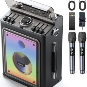 Professional Karaoke Machine for Adults with 2 Wireless Microphones and Bluetooth 5.3, Premium Wooden Speaker with Bass and Treble Control for Home Parties & Outdoor (Black)