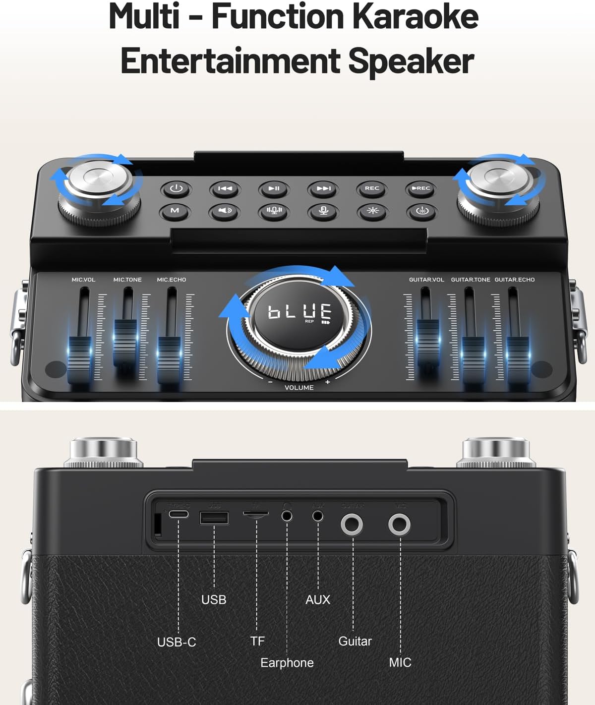 professional karaoke machine for adults with 2 wireless microphones and bluetooth 5.3, premium wooden speaker with bass and treble control for home parties & outdoor (black)