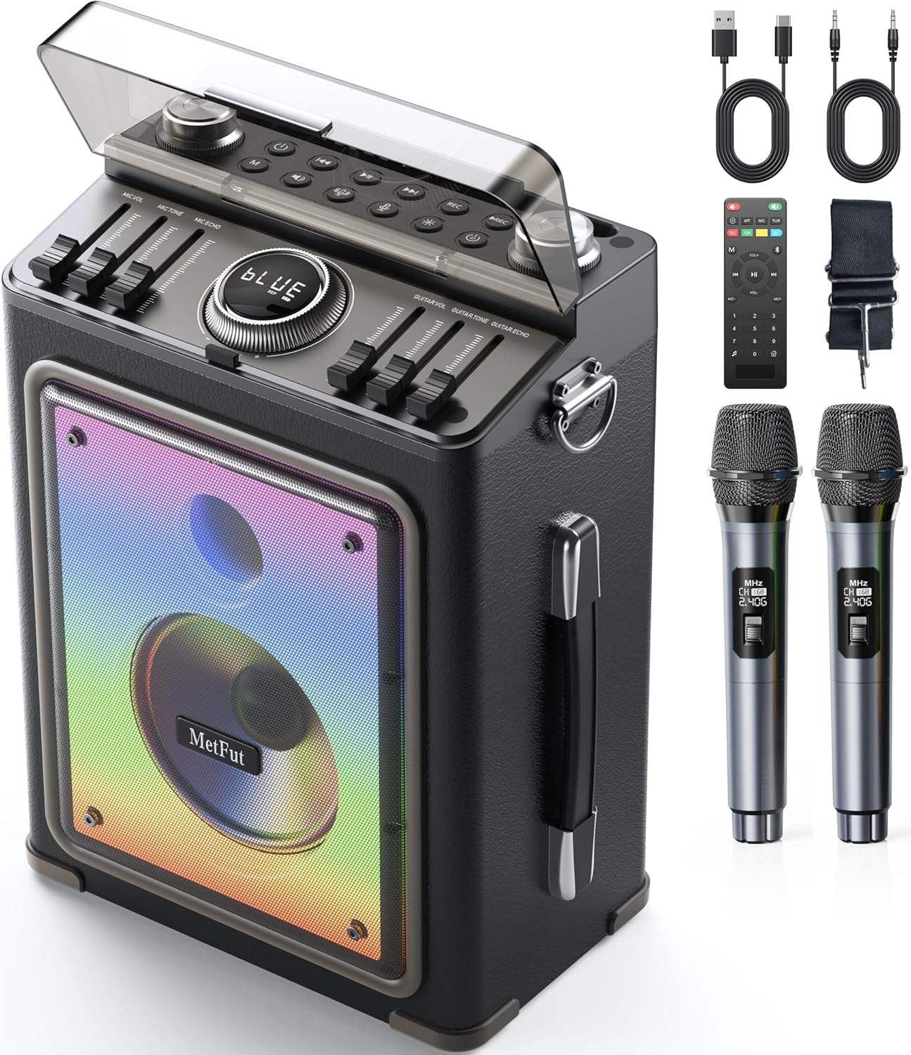 Professional Karaoke Machine for Adults with 2 Wireless Microphones and Bluetooth 5.3, Premium Wooden Speaker with Bass and Treble Control for Home Parties & Outdoor (Black)