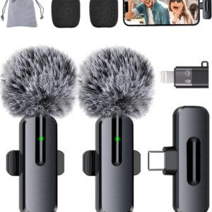 Professional Wireless Mini Microphone for iPhone - 2 Pack Lavalier bluetooth Microphone for Video Recording, 2 In 1 Noise Reduction Lapel Mic for Ipad, Android, Mini Mic for Content Creators Podcast