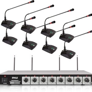 Pyle 8 Channel Wireless Microphone System - Portable VHF Cordless Audio Mic Set with 1/4" and XLR Output, Dual Antenna, - Includes 8 Table Top Mics, Rack Mountable Receiver Base - Pyle PDWM8300,Black