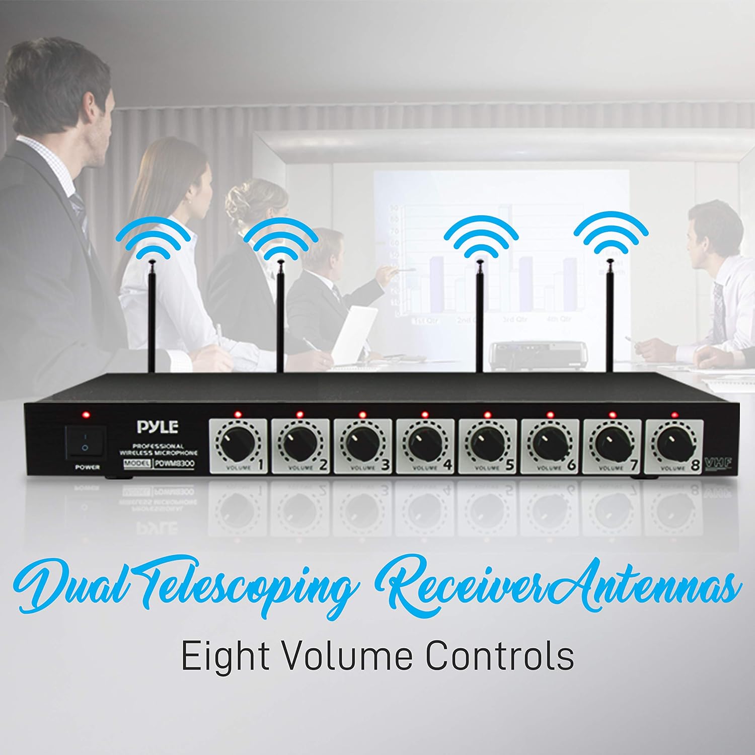 pyle 8 channel wireless microphone system portable vhf cordless audio mic set with 1/4" and xlr output, dual antenna, includes 8 table top mics, rack mountable receiver base pyle pdwm8300,black