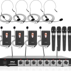 Pyle 8 Channel Wireless Microphone System - Professional VHF Audio Mic Set with Headset/Bodypack, 4 Clip Lavalier, 4 Handheld Mic for Church, Singing, Karaoke, Conference, DJ, 4 Transmitters