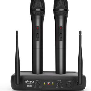 Pyle Channel Microphone System-VHF Fixed Dual Frequency Wireless Set with 2 Handheld Dynamic Transmitter Mics, Receiver Base-for PA, Karaoke, Dj Party (PDWM2135) , Black