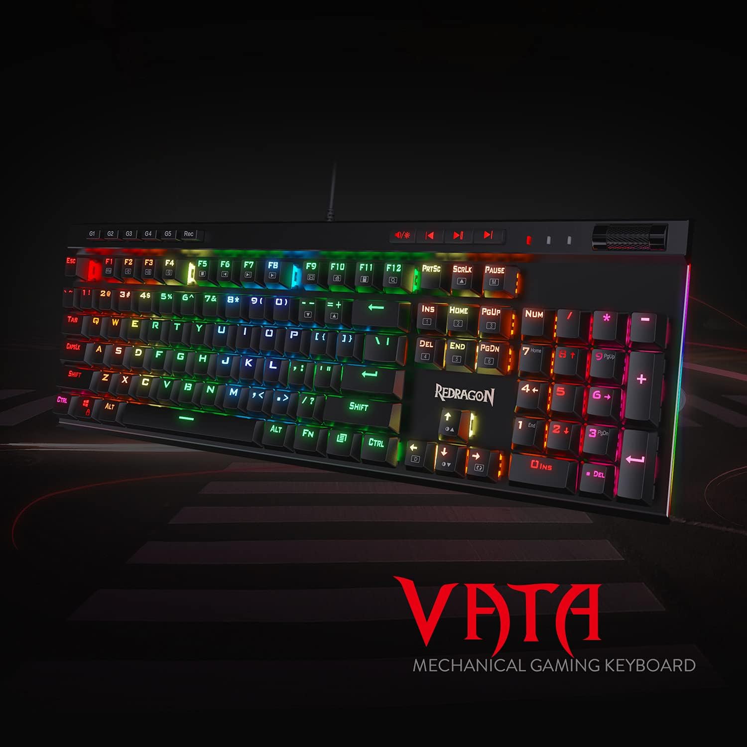 redragon k580 vata rgb led backlit mechanical gaming keyboard with macro keys & dedicated media controls, hot swappable socket, onboard macro recording (blue switches)