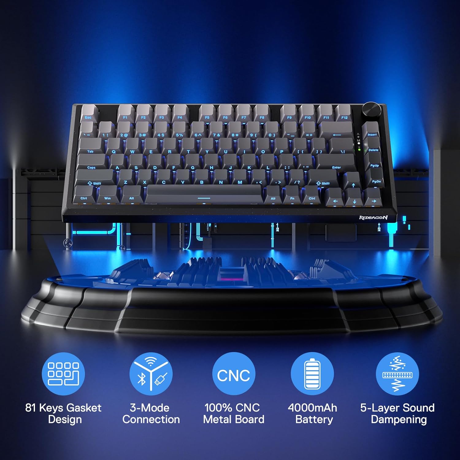 redragon k687 pro wireless cnc gasket gaming keyboard, 81 keys mechanical keyboard w/premium cnc aluminum board, easy control knob, 5 layer noise dampening, custom linear switch, pbt gradient keycaps