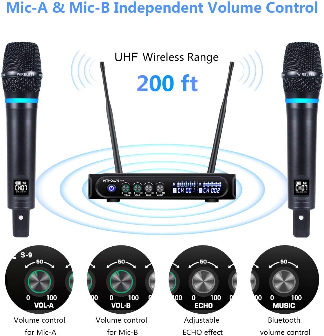 s9 uhf rechargeable wireless microphone system karaoke microphone wireless mic cordless dual with bluetooth receiver box + volume control echo for karaoke singing speech meeting church, 200ft