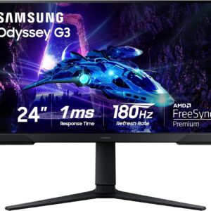 Samsung 24-Inch Odyssey G3 (G30D) Series FHD Gaming Monitor, 1ms, 180Hz, AMD FreeSync, Adjustable Stand, Black Equalizer, Virtual Aim Point, Eye Saver Mode, Flicker-Free, LS24DG302ENXZA