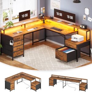 SEDETA L Shaped Desk with 6 Drawer, 108" Home Office Desk with File Drawer & Power Outlet, Corner Computer Desk with Monitor Shelf, Two Person Desk, Gaming Desk with Led Lights, Rustic Brown