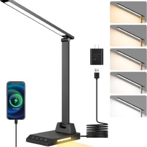 ShineTech LED Desk Lamp for Home Office, Dimmable Desk Light with USB C Charging, 25 Modes Brightness and Colors, Eye Caring Foldable Reading Light, Table Lamp for Study Nightstand
