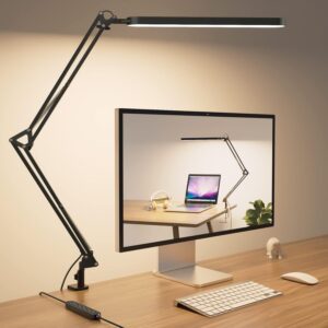 SKYLEO Led Desk Lamp - Desk Light for 31.5" Tall - 5 Color Modes X 11 Brightness Levels - Adjustable Swing Arm - Timmer & Memory Function - 12W Lamp for Desk - Black