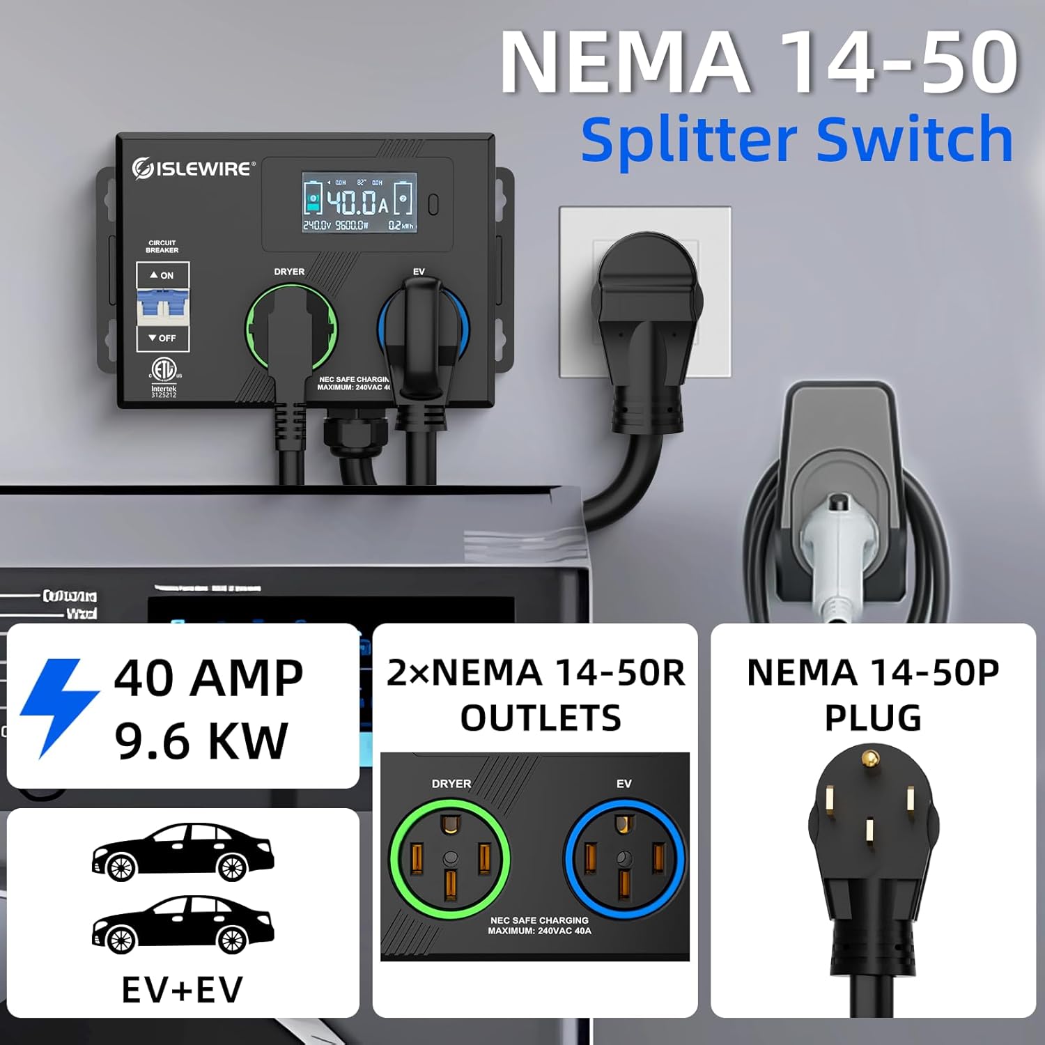 smart nema socket splitter 240v for evs, auto power switch for level 2 dual electric vehicle (ev) charging, 3 color led ring, 3.4" lcd display, no rewiring needed, etl certified (40 amp, nema 14 50)