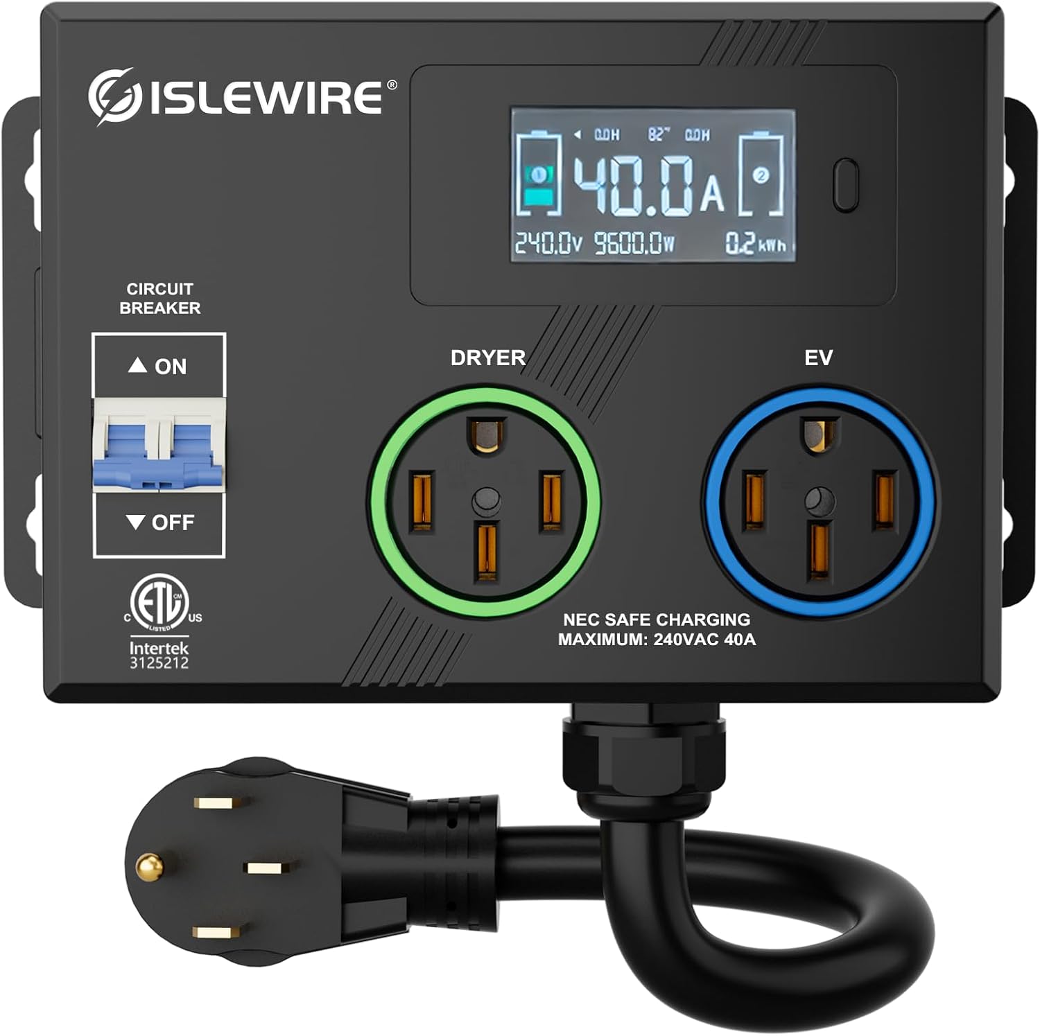 Smart NEMA Socket Splitter 240V for EVs, Auto Power Switch for Level 2 Dual Electric Vehicle (EV) Charging, 3-Color LED Ring, 3.4" LCD Display, No Rewiring Needed, ETL Certified (40 Amp, NEMA 14-50)