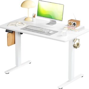 SMUG Standing Desk, Adjustable Height Electric Sit Stand Up Down Computer Table, 40x24 Inch Ergonomic Rising Modern Lift Motorized Gaming Desktop Workstation for Work Home Office, White