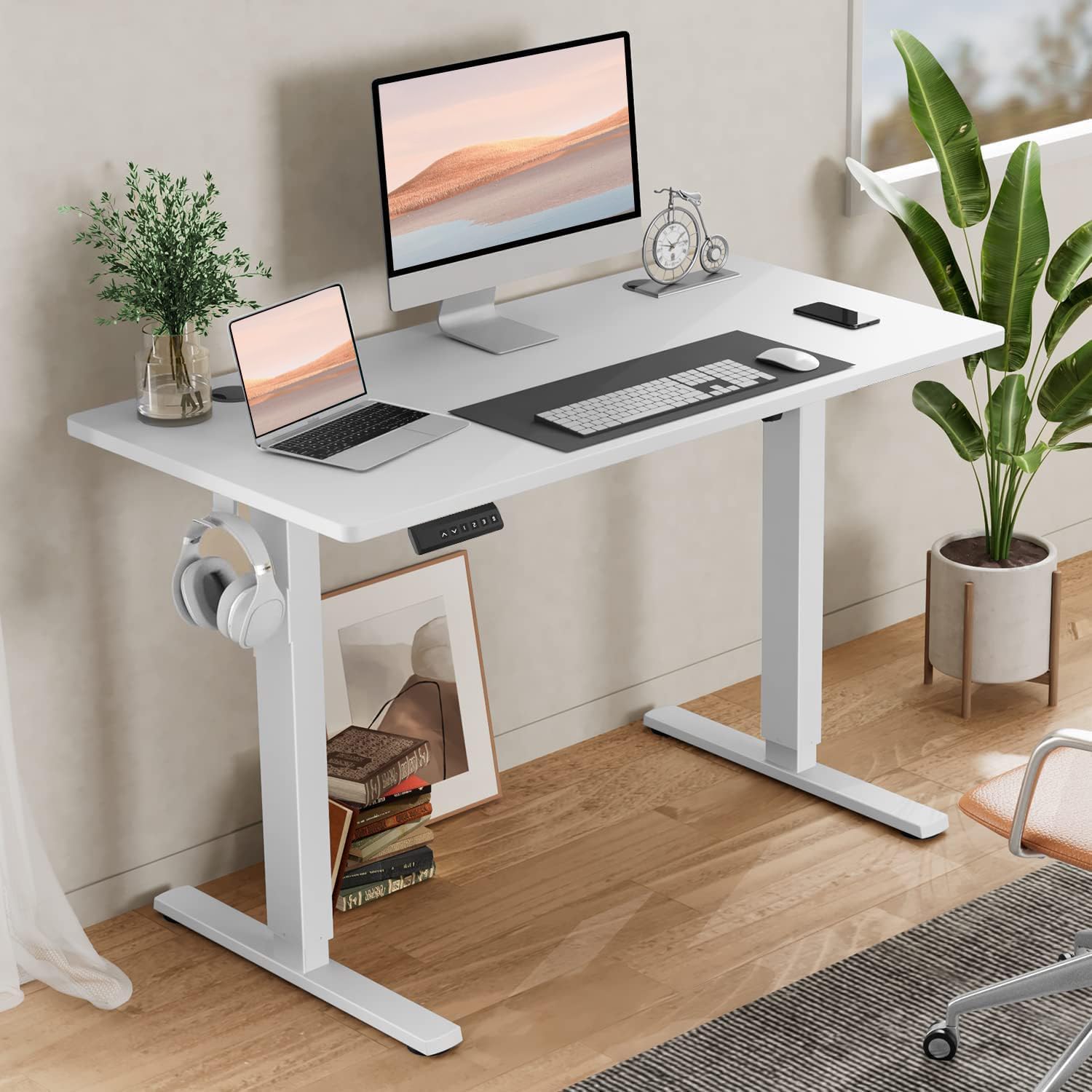 smug standing desk, adjustable height electric sit stand up down computer table, 40x24 inch ergonomic rising modern lift motorized gaming desktop workstation for work home office, white