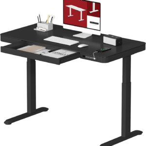 Standing Desk with Drawer, Electric Height Adjustable Home Office Desk with Storage & USB Ports, 48 inch Black Wood Tabletop/White Frame