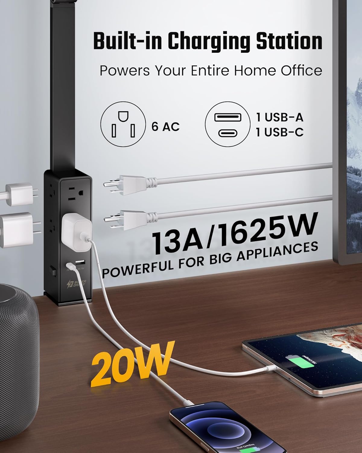 superdanny led desk lamp with power strip (6 outlets, 1 usb, 1 type c) for home office, desk light computer light with clamp, architect desk lamp with smooth dimming 5 colors touch & wave control