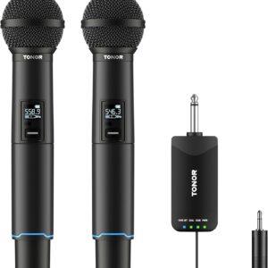 TONOR Rechargeable Wireless Microphones, Metal Bluetooth Handheld Cordless Mic System with Receiver, 2x25 UHF Professional Dynamic Mic for Karaoke, Church, Singing, Wedding, Meeting, DJ, 328ft TW720