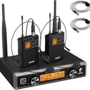 TONOR UHF Wireless Microphones System with Headset/Lavalier Lapel Mics, Bodypack Transmitter, Receiver, 2*15 Channels, 200ft Range for Live Singing Karaoke Church Party DJ PA Speaker Mixer Recording