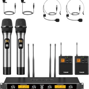 TONOR UHF Wireless Microphones System with Metal Cordless Handheld/Headset/Lavalier Lapel Mics, Bodypack Transmitter, Receiver, 4*10 Channels 295ft Range for Singing Karaoke Church Party DJ PA Speaker