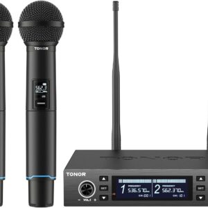 TONOR Wireless Microphone System, Auto Scan & Pair Professional Rechargeable Wireless Mic, 2x100 UHF Metal Cordless Dynamic Mic Set for Karaoke, Church, Singing, Wedding, Meeting, DJ, 328ft TW750