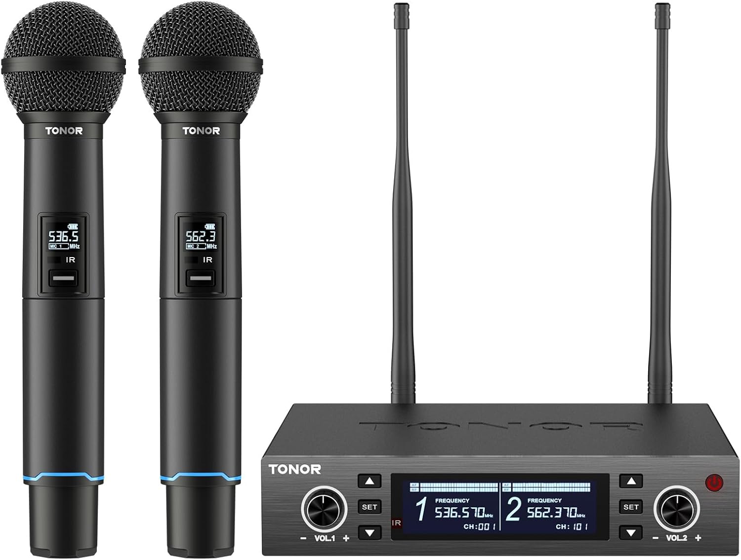 TONOR Wireless Microphone System, Auto Scan & Pair Professional Rechargeable Wireless Mic, 2x100 UHF Metal Cordless Dynamic Mic Set for Karaoke, Church, Singing, Wedding, Meeting, DJ, 328ft TW750