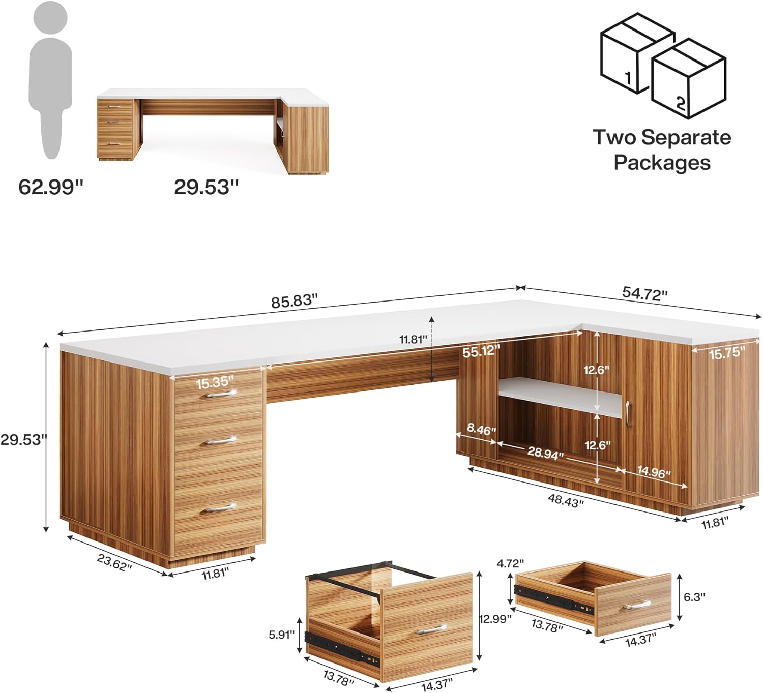 tribesigns 85.8" l shaped executive desk, extra large office desk with file drawers, modern business furniture, computer desk workstation with door cabinet, shelves for home office, white & brown