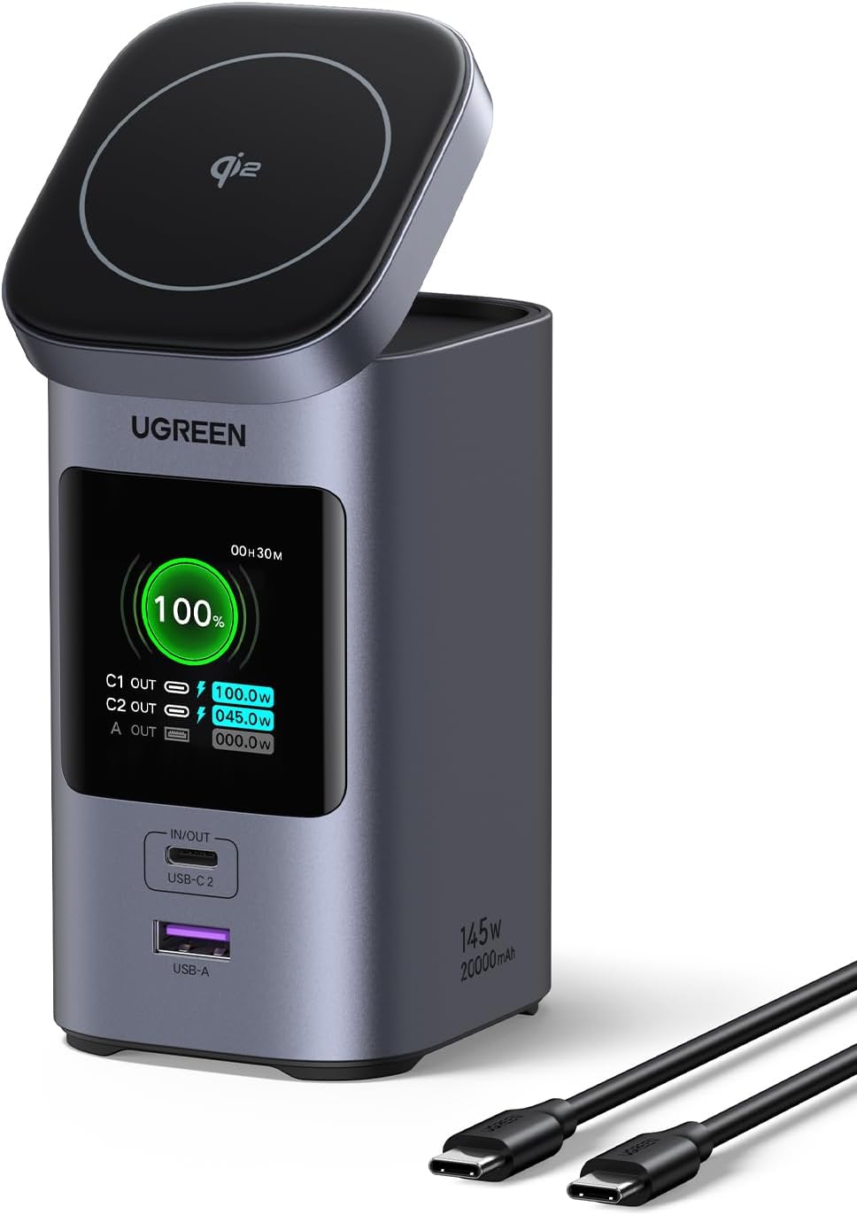 UGREEN Nexode Power Bank 20000mAh 145W PD 3.0 Portable Charger 72Wh Qi2 Certified 15W Wireless Fast Charging Magsafe Battery Pack 2C1A with TFT Display for iPhone 17/16 Series/MacBook/iPad and More