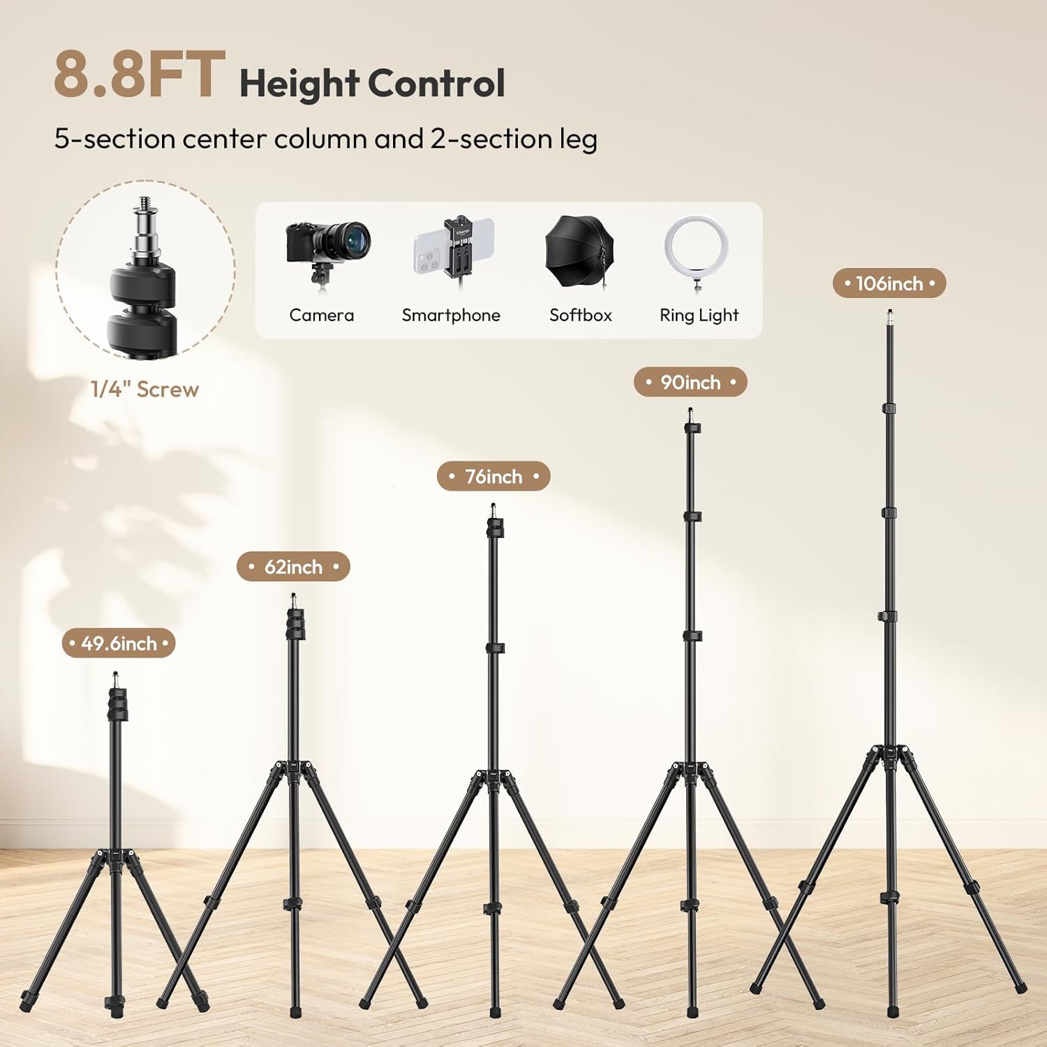 ulanzi t270 light stand 8.8ft/270cm adjustable photography light stand tripod, aluminum portable studio lighting stand for softbox, led video light, reflector, strobe, photo video photography
