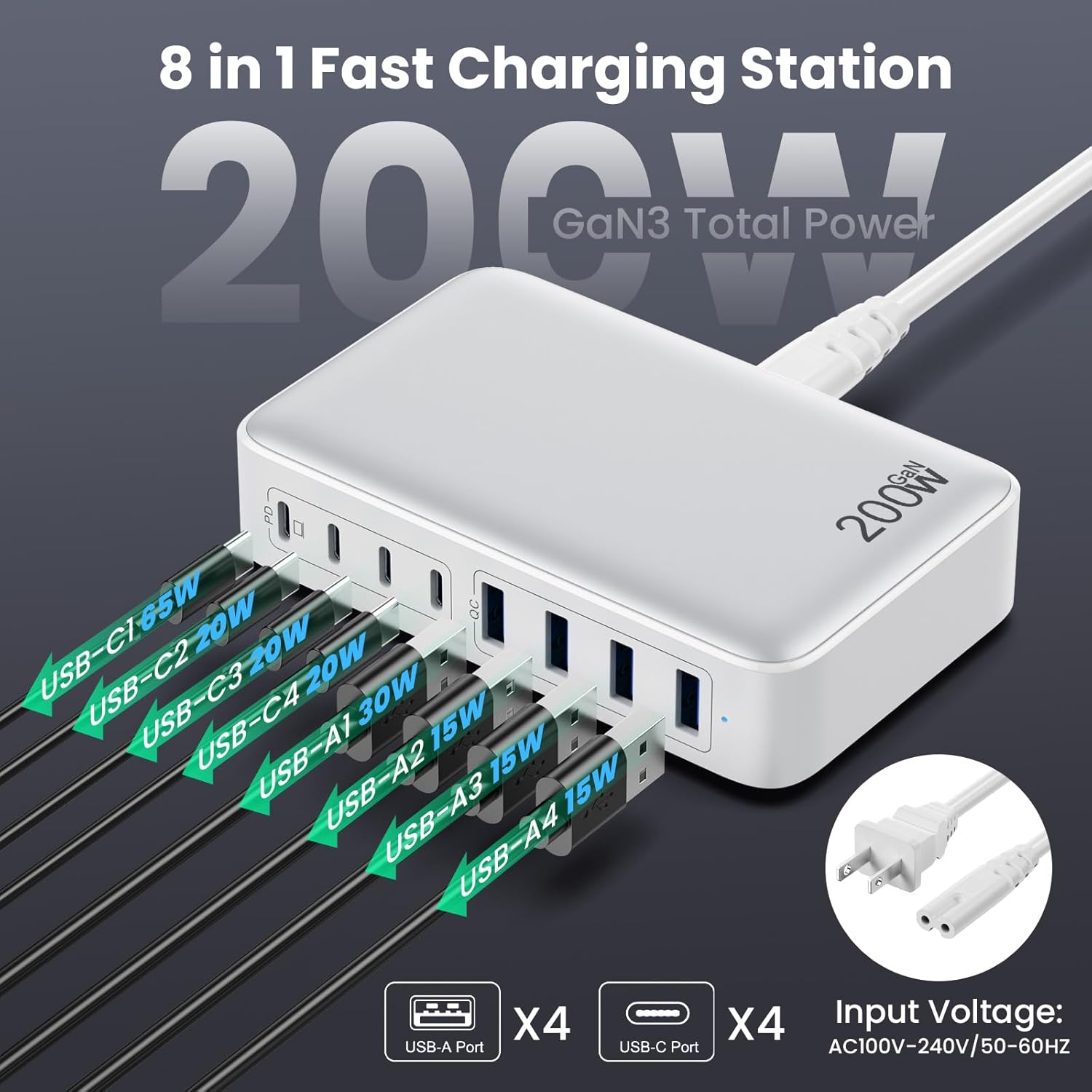 usb c charger 200w usb c charger block,upgraded gan iii 8 port fast charging station hub,pd 65w laptop charging adapter compatible with macbook pro/air,dell,steam deck,iphone 16/15/14,galaxy s23/22