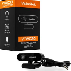 VisionTek VTWC30 Premium Full HD (1080P 30FPS) Webcam, for Windows, Mac, Linux, & Chromebook with Digital Dual Microphones, Manual Focus Lens, Privacy Cover, 83-Degree Viewing Angle