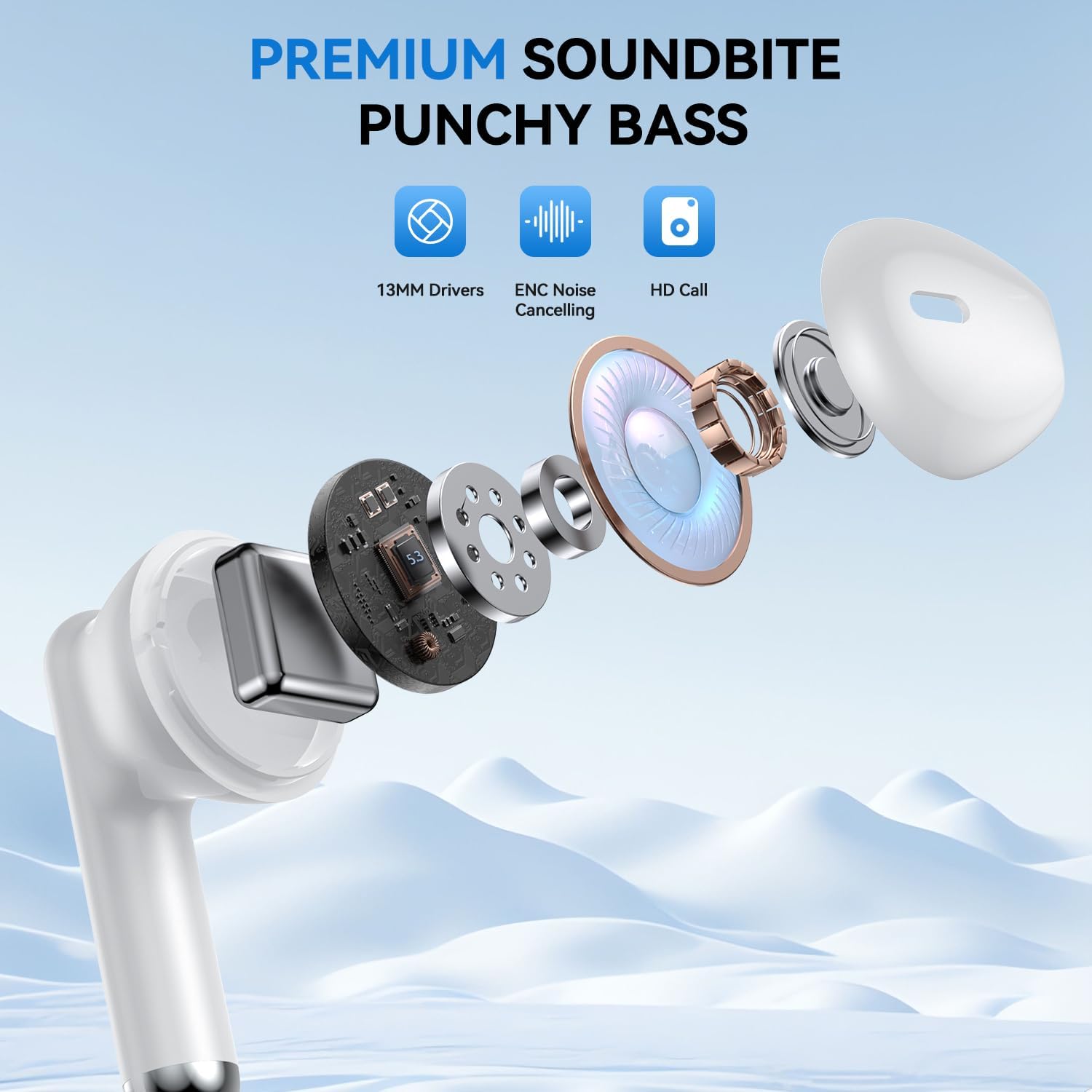 wireless earbuds, 2025 bluetooth 5.4 bass stereo headphones with 4 enc mic, 50h playback ear buds with charging case led display,sport earphones ipx7 waterproof for phone, android, pad, white