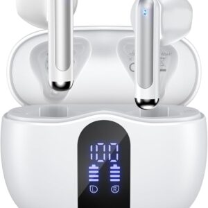 Wireless Earbuds, 2025 Bluetooth 5.4 Bass Stereo Headphones with 4 ENC Mic, 50H Playback Ear Buds with Charging Case LED Display,Sport Earphones IPX7 Waterproof for Phone, Android, Pad, White