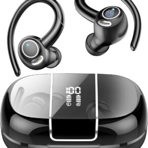 Wireless Earbuds Bluetooth 5.3 Headphones Sports, 48Hrs Playtime Bluetooth Earbuds with CVC 8.0 Mic, Stereo Bass Over Ear Bud with Earhooks, LED Display, IP7 Waterproof Earphon for Workout/Running