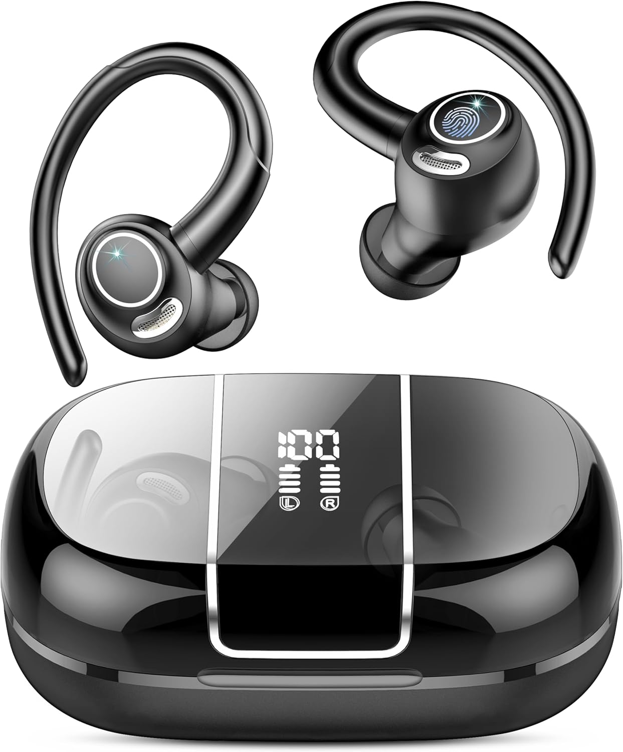 Wireless Earbuds Bluetooth 5.3 Headphones Sports, 48Hrs Playtime Bluetooth Earbuds with CVC 8.0 Mic, Stereo Bass Over Ear Bud with Earhooks, LED Display, IP7 Waterproof Earphon for Workout/Running