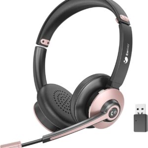 Wireless Headset with Mic for Work, Bluetooth Headphones with Microphone Noise Canceling & USB Dongle, Handsfree 26+ Hours Battery & Mute Button, for Office/Call Center/Laptop/MS Teams/Conference