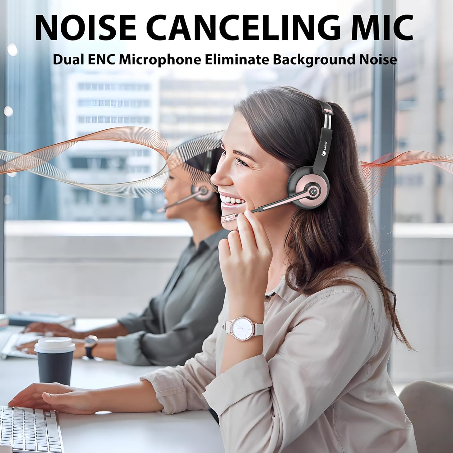 wireless headset with mic for work, bluetooth headphones with microphone noise canceling & usb dongle, handsfree 26+ hours battery & mute button, for office/call center/laptop/ms teams/conference