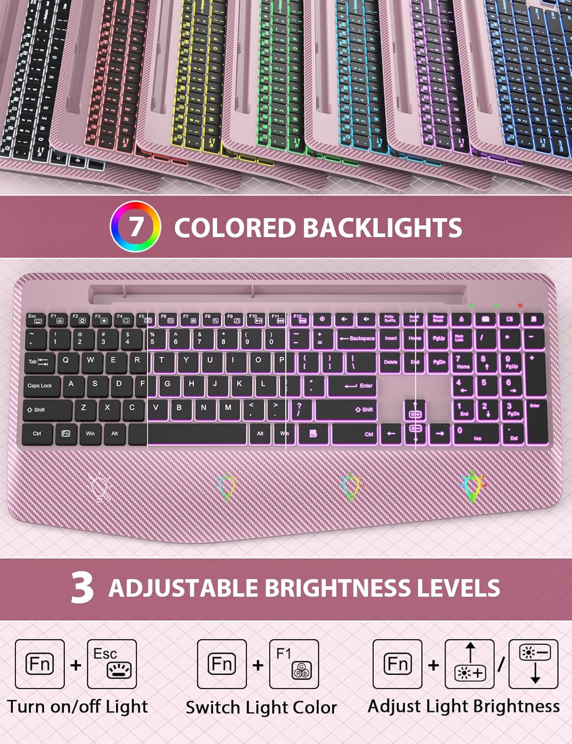 wireless keyboard and mouse backlits, wrist rest, led mouse, rechargeable ergonomic keyboard with phone holder, silent light up combo for computer, mac, pc, laptop, chromebook (rose gold)