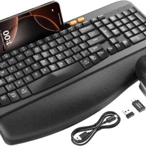 Wireless Keyboard and Mouse Combo, Ergonomic Wave Keys, Cushioned Plam Rest, Rechargeable, Phone Holder, Natural Typing, 2.4G Lag-Free, Full Size Keyboards Cordless Set for Windows/Mac -SABLUTE